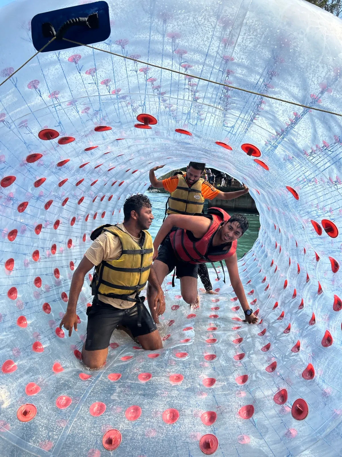Two people inside a water zorb