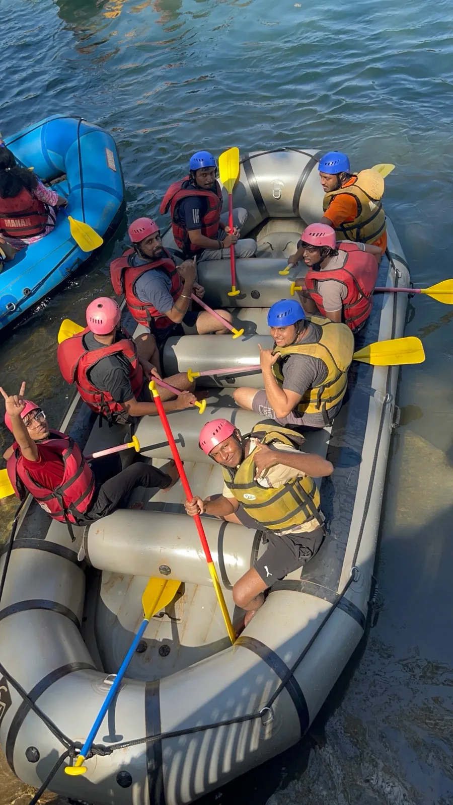 A raft seen from above on blue water